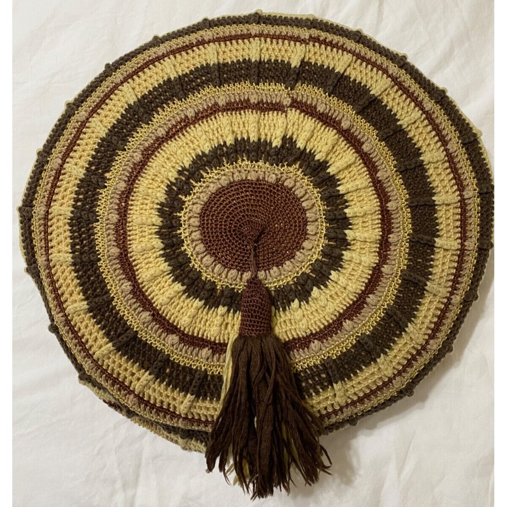 Crocheted Throw‎ Pillow MCM Browns Beige Vtg 70s Look Round Meditation